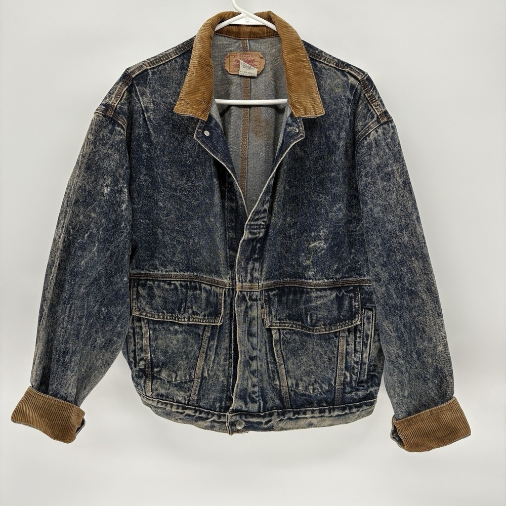 Vintage 80s Levis Denim Chore Jacket A-2 Bomber Buckle Back Orange Tab USA M